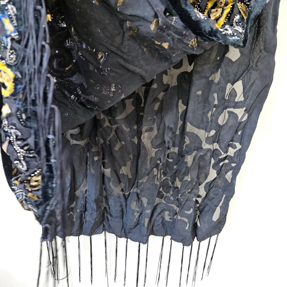 Womens Paisley Sequin Velvet Burnout Fringe Rectangle Scarf Black Witchy Artsy
